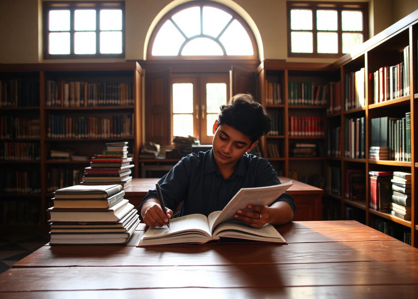 A student studying at a wooden desk in a sunlit university library